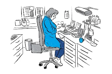 Illustration einer Frau, die am Schreibtisch sitzt