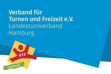 VTF-Logo auf dem klassischen VTF-Blau. Verband für Turnen und Freizeit e.V. – Landesturnverband Hamburg
